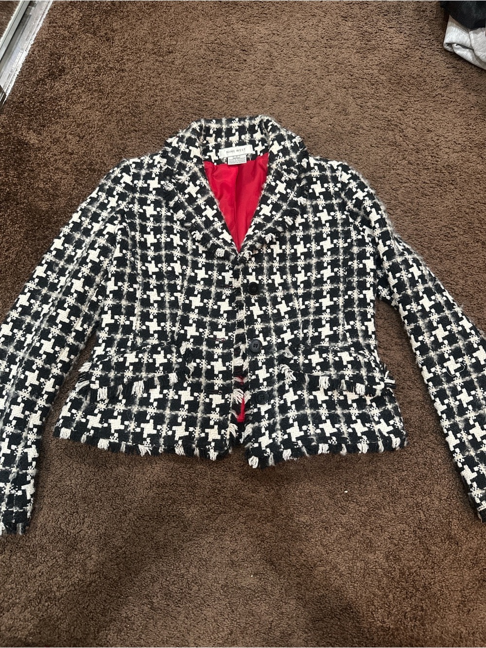 Nine West Black & White Tweed Fringe Blazer with Red Lining
